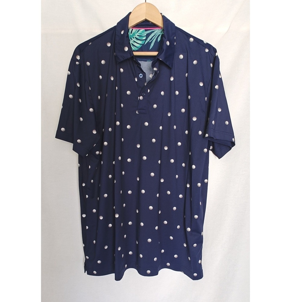 Birdie Bound Polo Shirt Navy Blue White Golf Ball All over Print Polka Dot XL